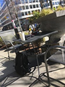 Patio table at the Macchiato Cafe in downtown Victoria.